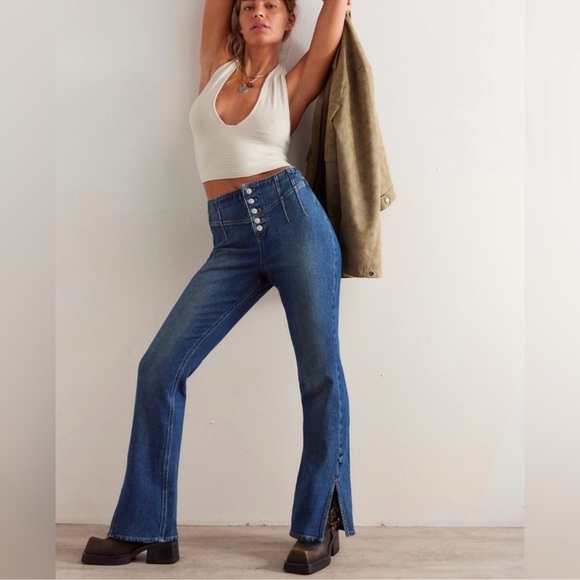 NWT Free People We The Free CRVY Nix Corset Jeans Slim Flare Slit Denim - Picture 14 of 14